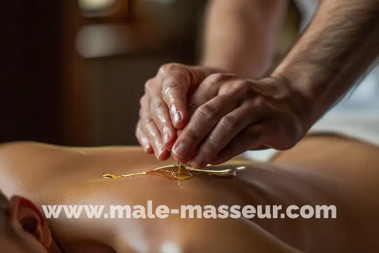 Gay tantra massage Barcelona warm oil closeup