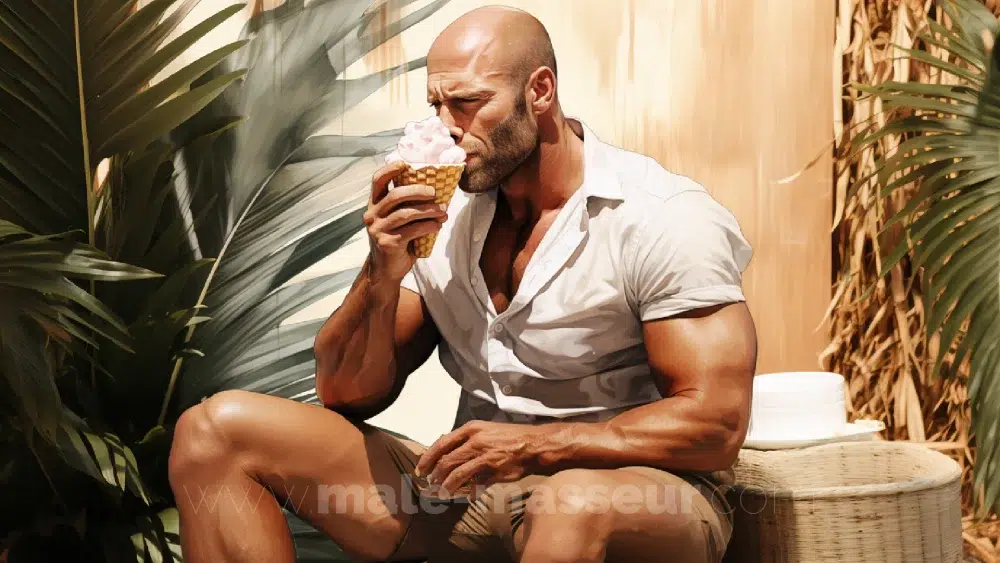 Masseur cooling off with an ice cream in a palm-shaded Barcelona patio — Fusion Tantra in summer